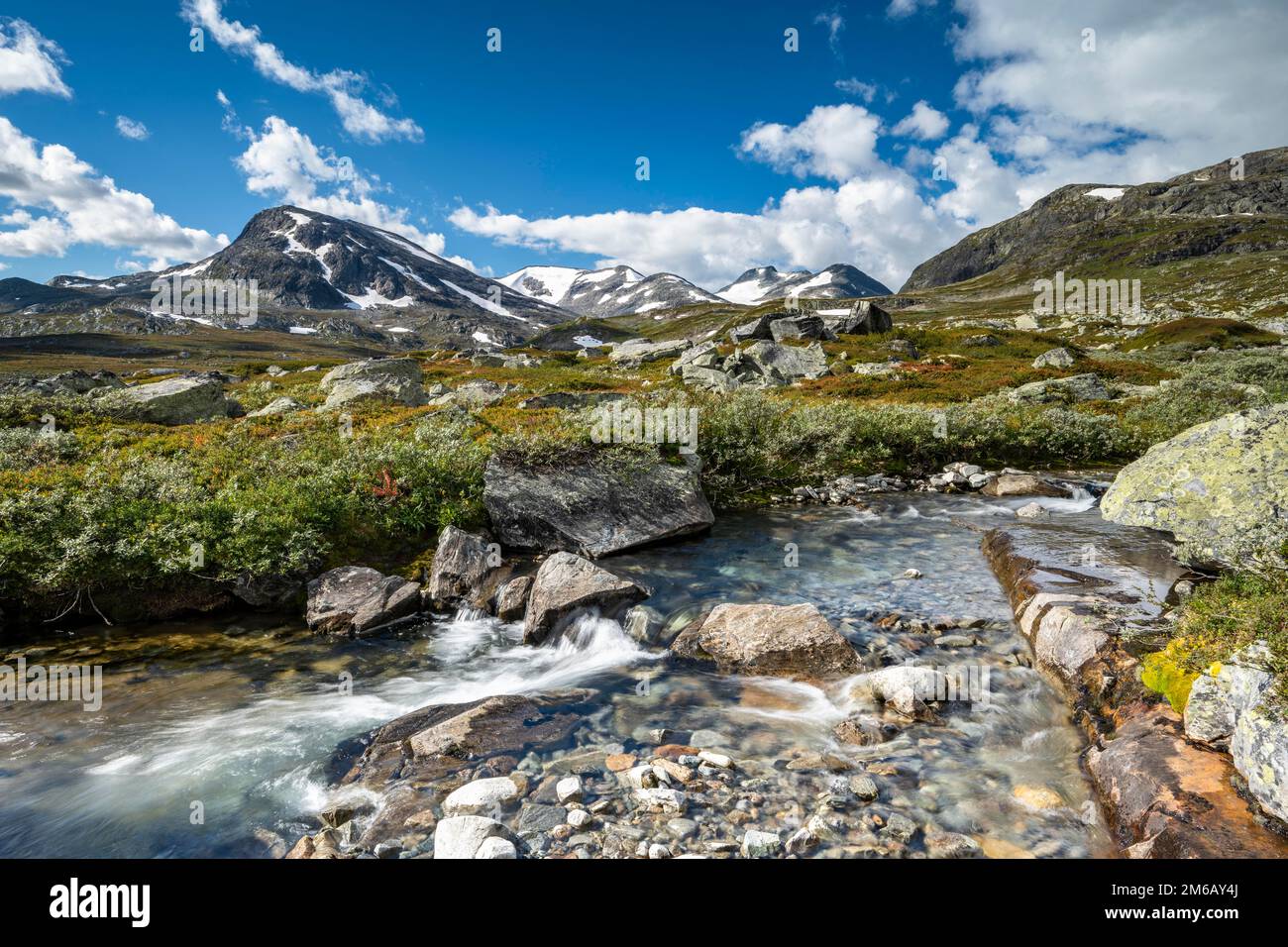 Paesaggio montano nel Parco Nazionale di Jotunheimen, Monte Breikvamsnosi, Norvegia Foto Stock