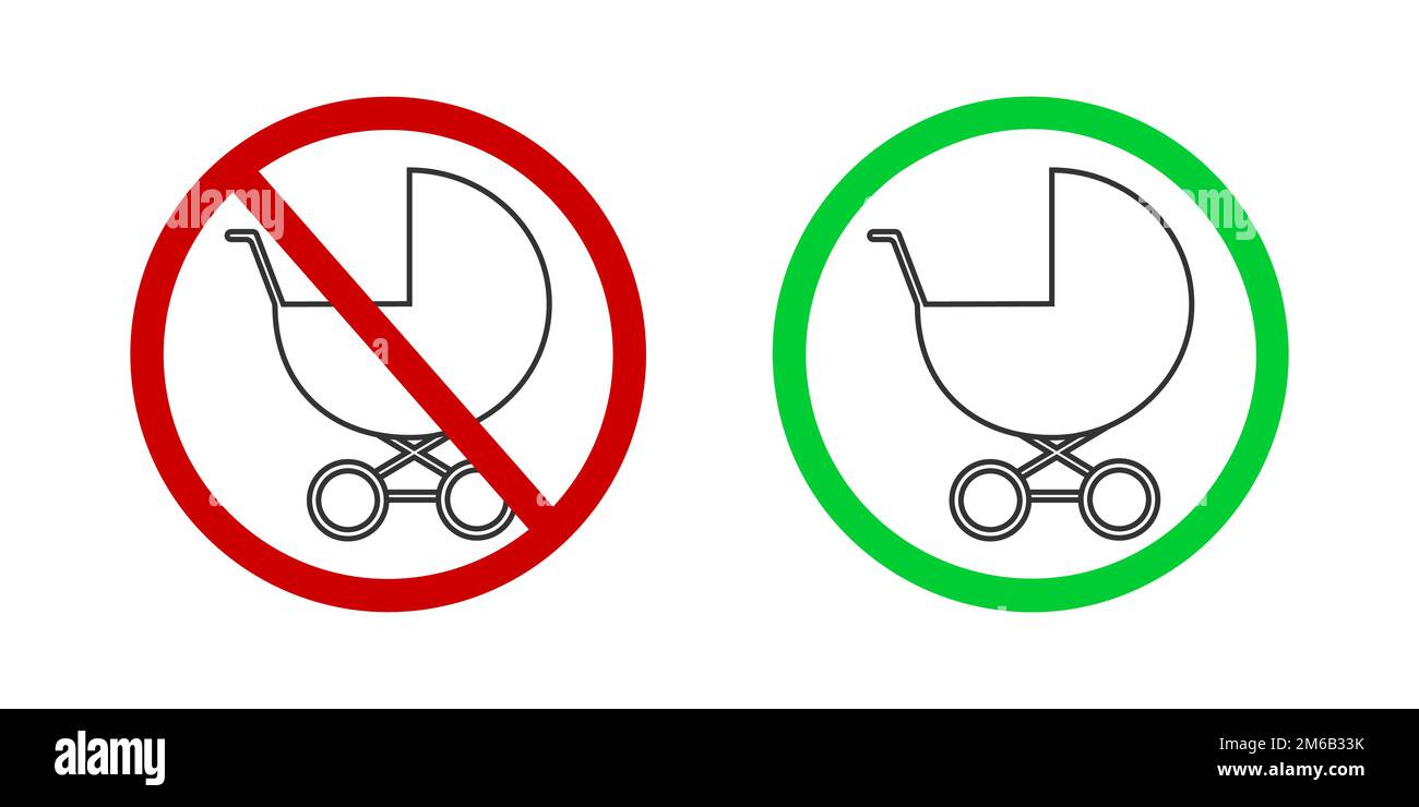Baby prams vietato e accesso icone. Le etichette delle zone di protezione per i bambini sono vietate o amichevoli per i luoghi pubblici. Pittogramma del carrello in rosso vietato e in verde consentito. Illustrazione piatta vettoriale. Illustrazione Vettoriale
