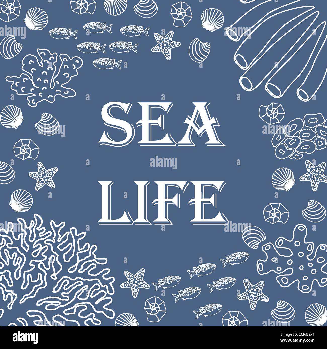 Illustrazione dell'oceano vettoriale con pesci, conchiglie, coralli, alghe. Sea LIFE - lettering moderno.Underwater Marine Animals.Ecologia design per banner, volantino Illustrazione Vettoriale