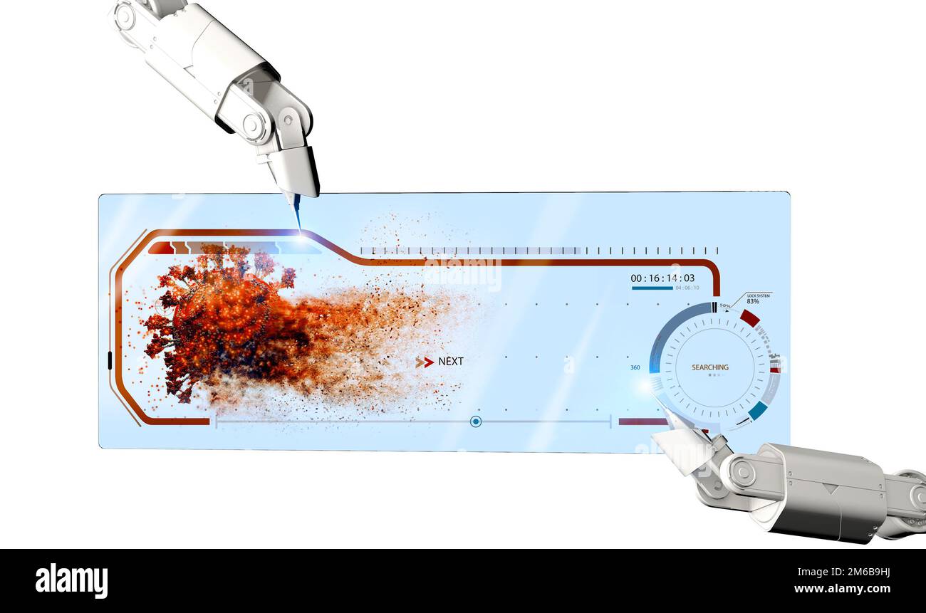 Braccio robotizzato e display trasparente. hud. Studio di Covid-19 e varianti. Tecnologia medica e prove per trovare il vaccino per le nuove varianti. Virus Foto Stock