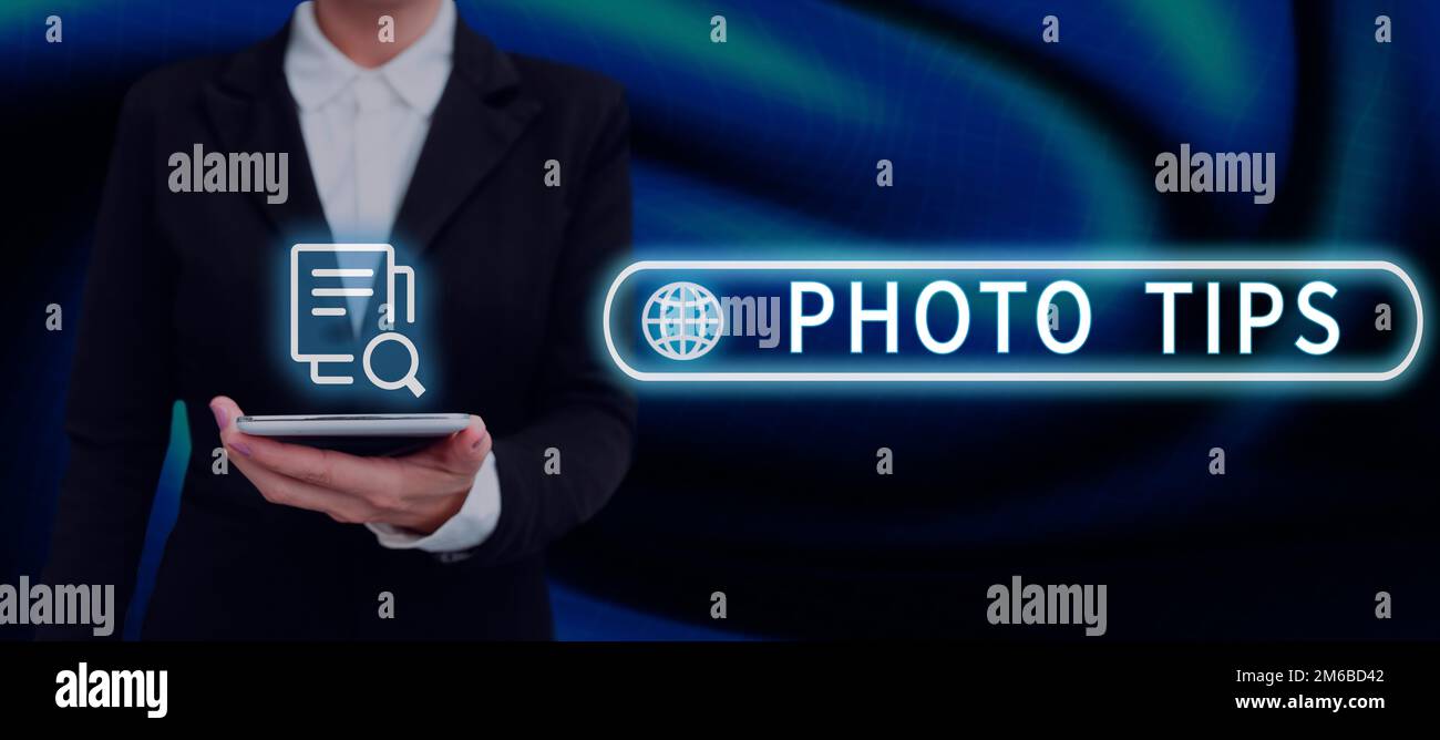 Didascalia concettuale Suggerimenti fotografici. Parola per suggerimenti per scattare buone foto Consigli per una grande fotografia Foto Stock