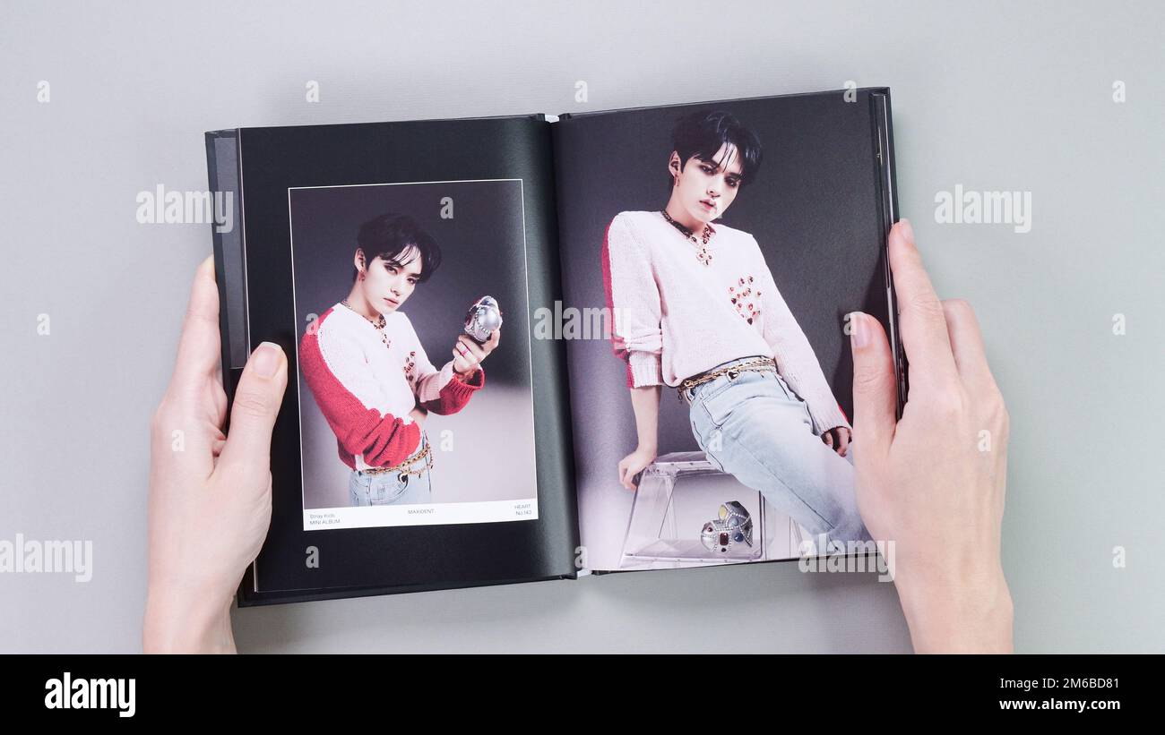 Fan holding Stray Kids MAXIDENT mini Album fotobook in grigio. CD musicale. Band sudcoreana di ragazzi StrayKids. Spazio per il testo. Gatineau, QC Canada - Decembe Foto Stock