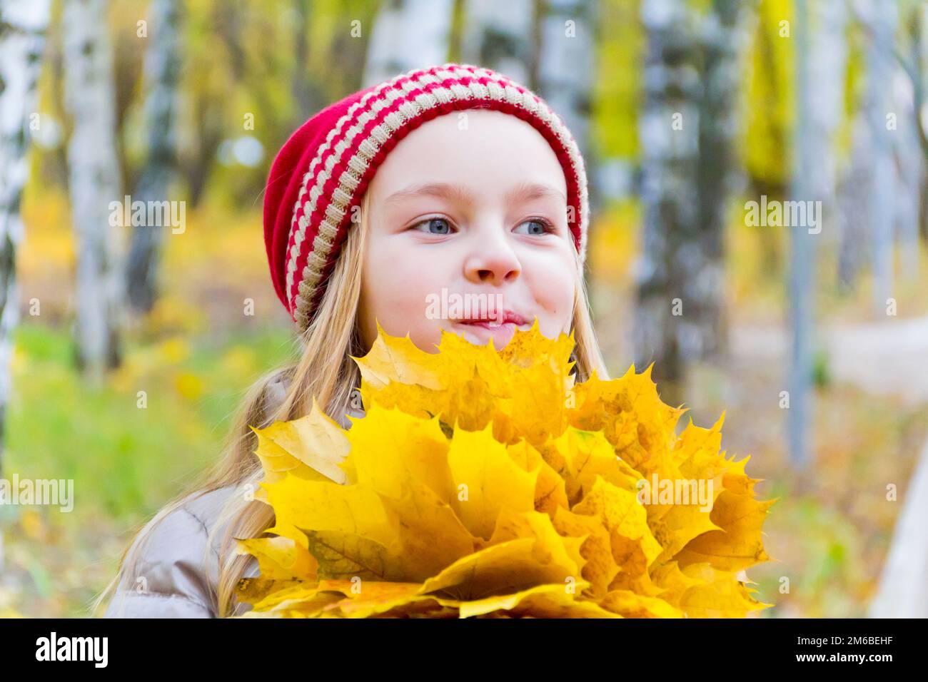 Ragazza con bouquet di lenzuola in cappello rosso Foto Stock