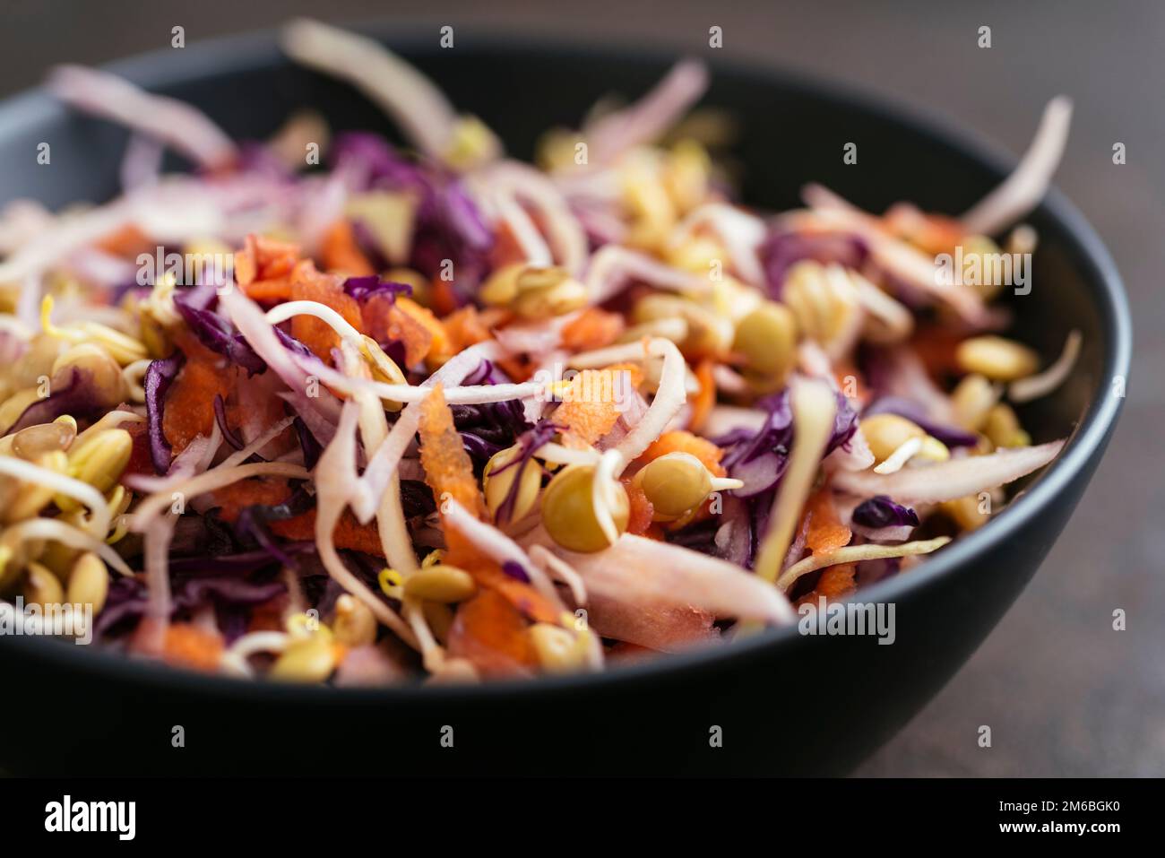 Coleslaw asiatico fatto in casa con lenticchie e carote germogliate. Foto Stock