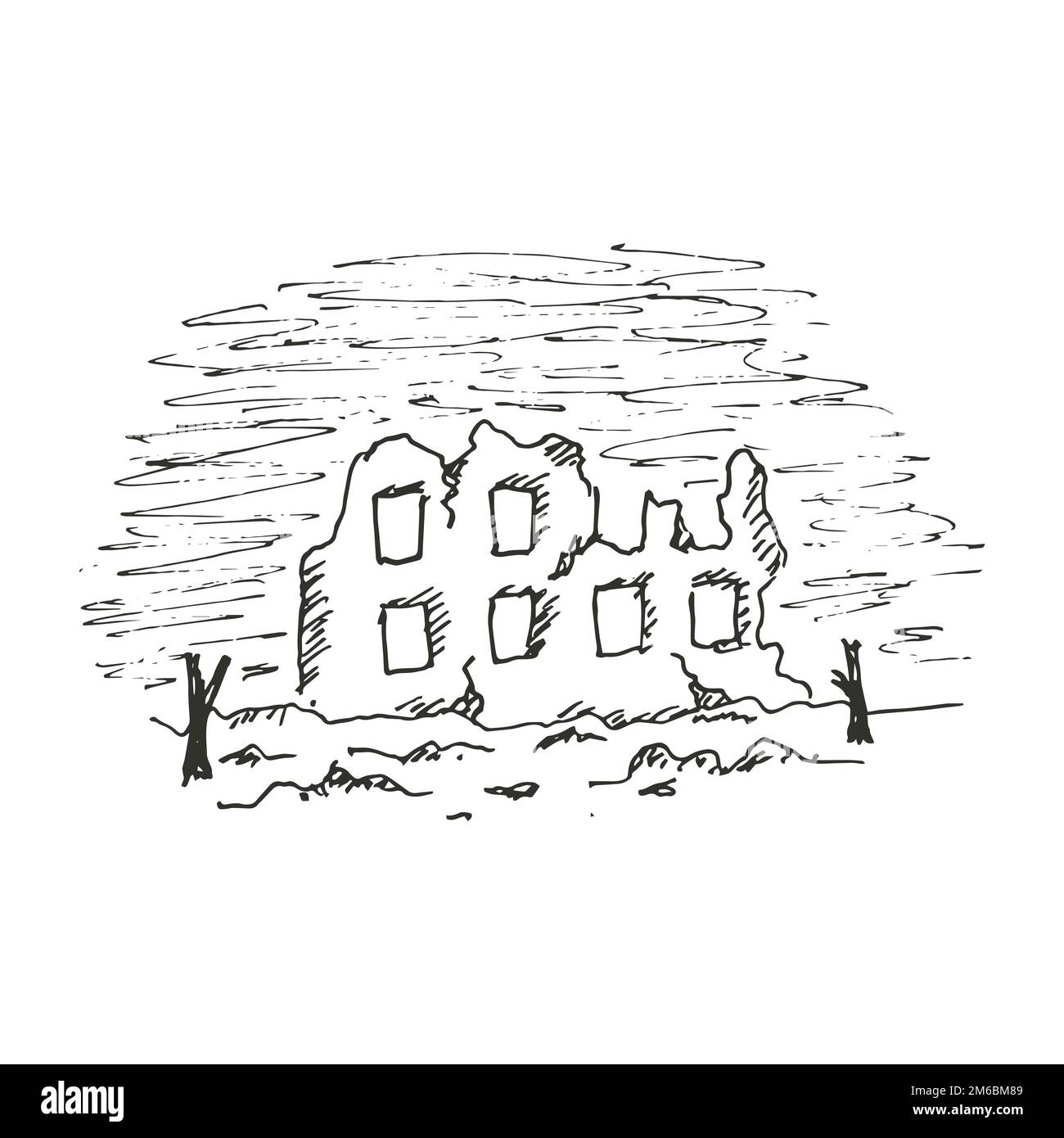 Il profilo dell'edificio distrutto da linee nere isolate su sfondo bianco. Vista frontale. Illustrazione Vettoriale