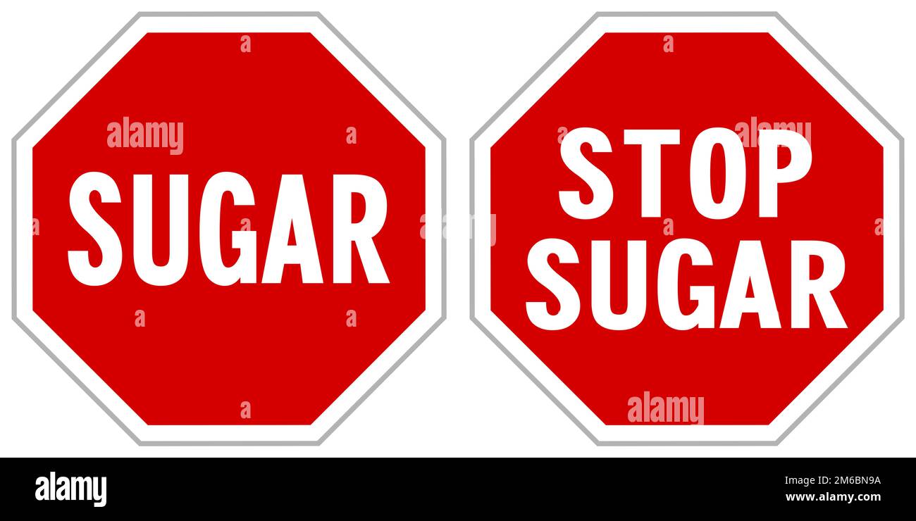 Illustrazione vettoriale dei segni rossi DEL TRAFFICO DI ARRESTO per cessare lo zucchero unhealthy nella dieta chetogenica di basso-carb conosciuta come keto Foto Stock