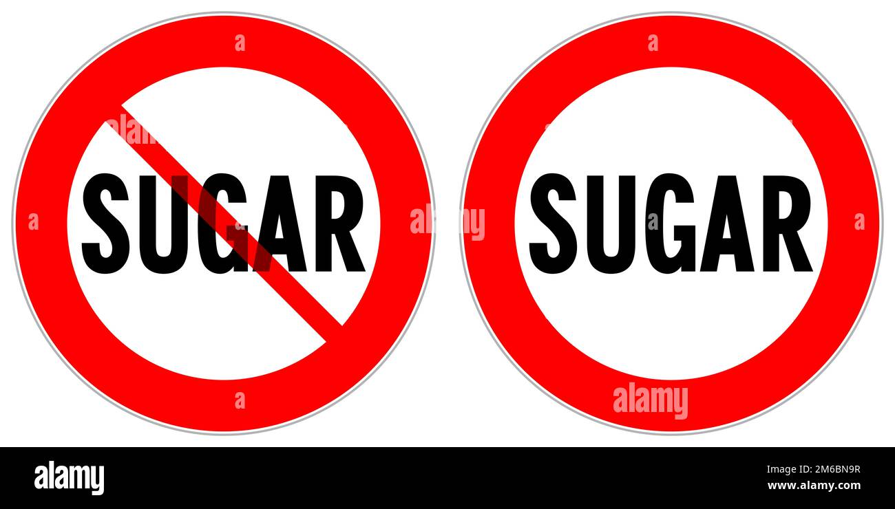 Il cerchio rosso segni di traffico per arrestare lo zucchero non sano nella dieta del cheto basso-carb Foto Stock