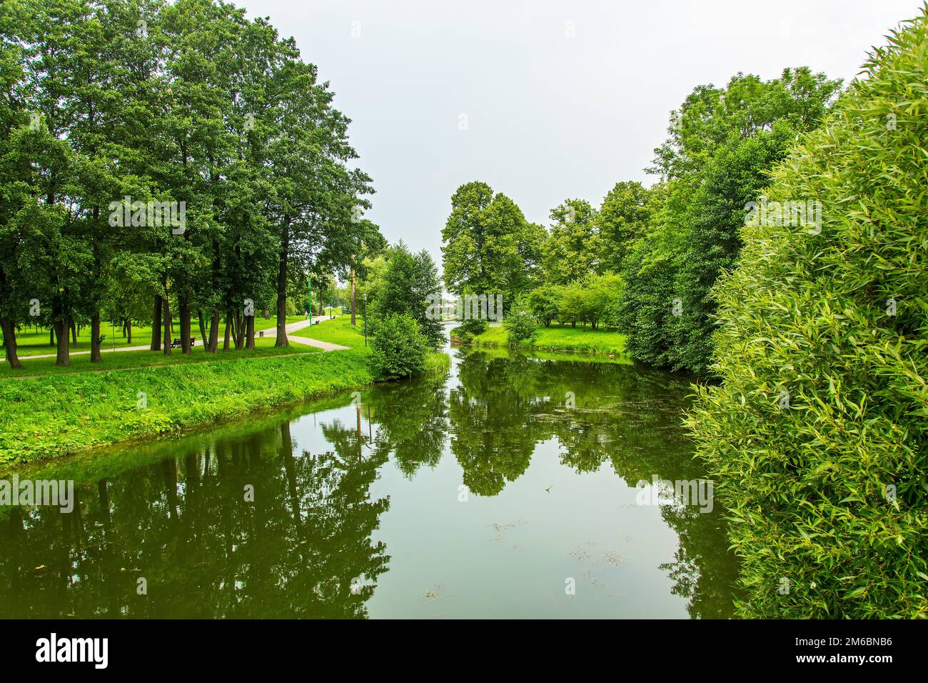 Orizzontale. La superficie calma del fiume con riflesso di alberi Foto Stock