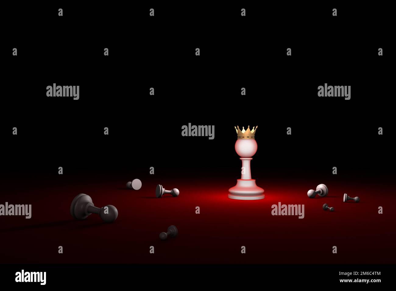 Lotta per la sopravvivenza. L'ultimo eroe (scacchi metafora). 3D render illustrazione. Spazio libero per il testo. Foto Stock