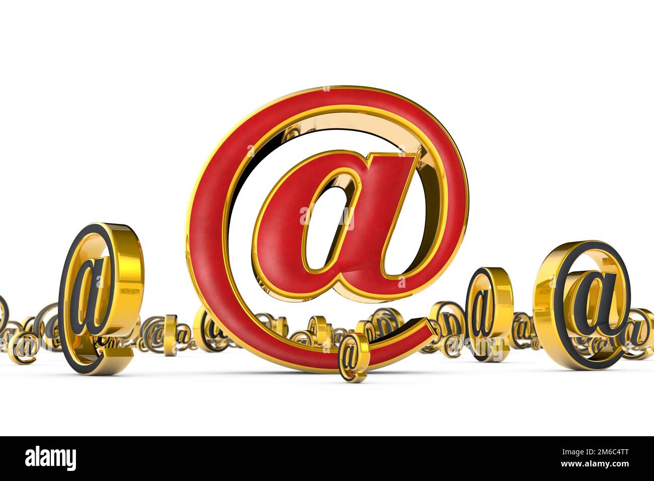 Il miglior indirizzo Internet (@). Un singolo simbolo e-mail rosso dorato circondato da molti simboli e-mail grigi dorati (figura 3D). Foto Stock