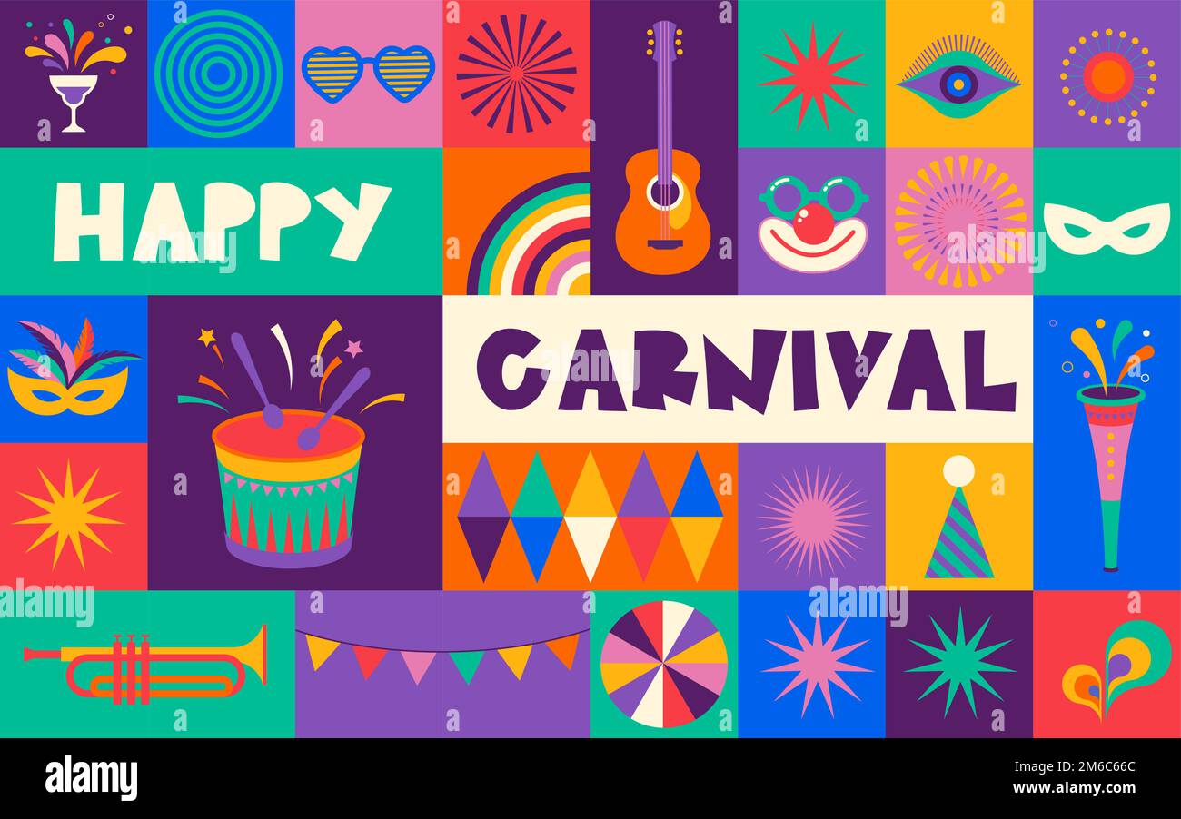 Buon Carnevale, sfondo geometrico colorato con spruzzi, bolle, maschere e  confetti Immagine e Vettoriale - Alamy