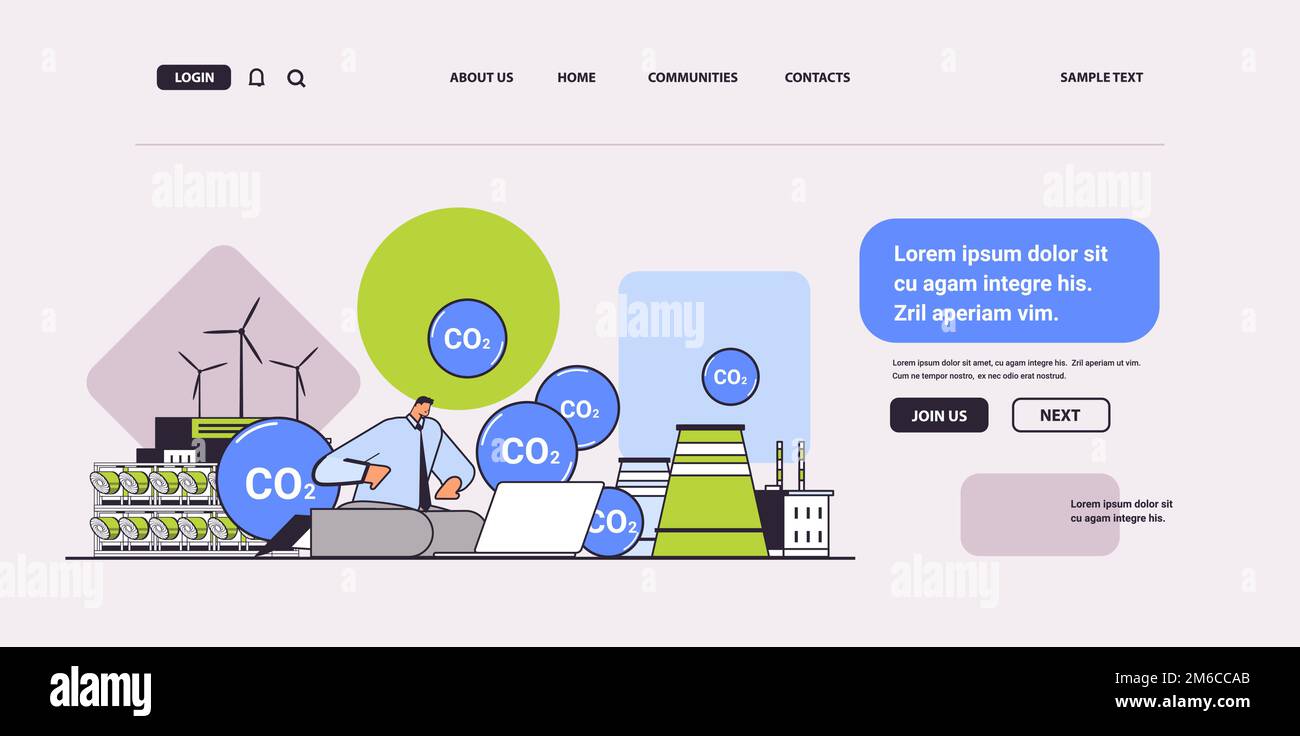uomo d'affari che utilizza il concetto di credito al carbonio del laptop responsabilità del concetto di conservazione ambientale delle emissioni di co2 Illustrazione Vettoriale