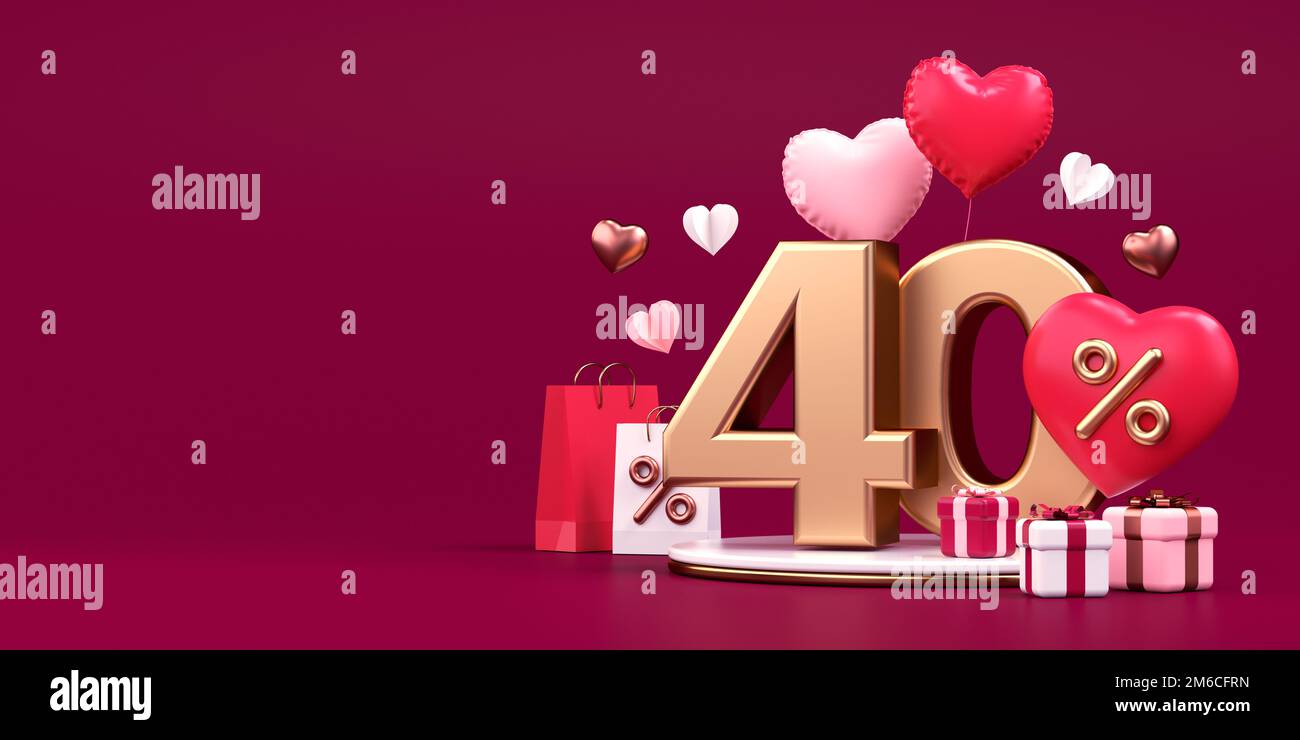 Volantino dell'offerta di San Valentino con sconto del 40%, spazio per la copia, cuori e regali in rendering 3D Foto Stock