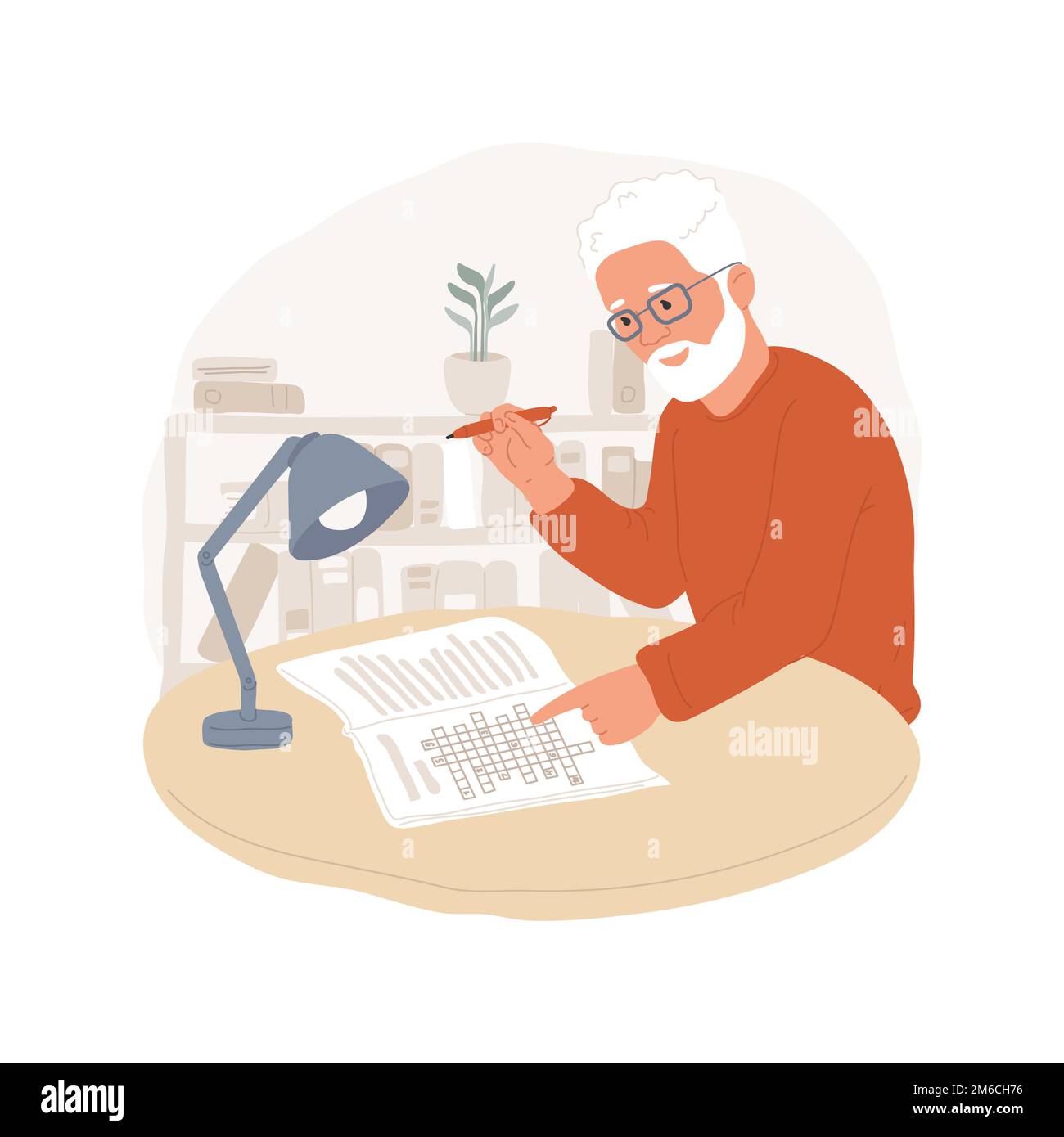 Illustrazione vettoriale di fumetti isolati con parole incrociate. Uomo anziano che fa le parole incrociate nel paese, sfida di mente, giochi del cervello, sviluppo mentale, attività di svago da solo cartoni animati vettoriali. Illustrazione Vettoriale