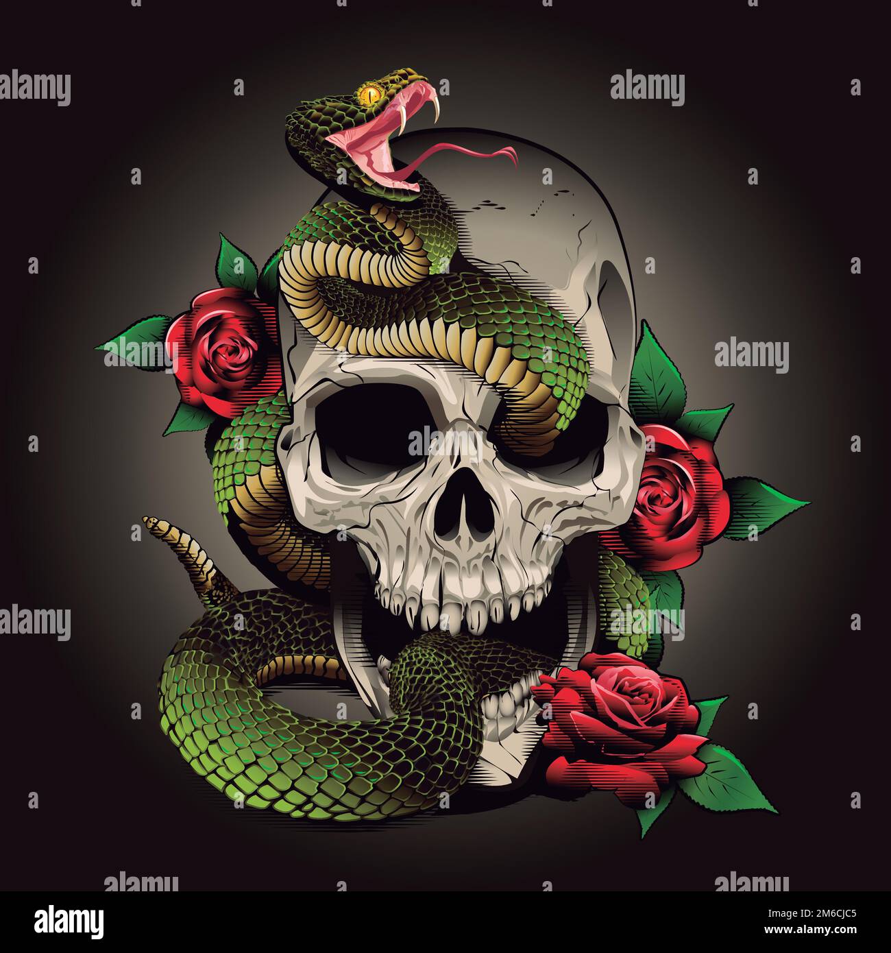 serpente del cranio e rose. Illustrazione vettoriale. stile di incisione Illustrazione Vettoriale