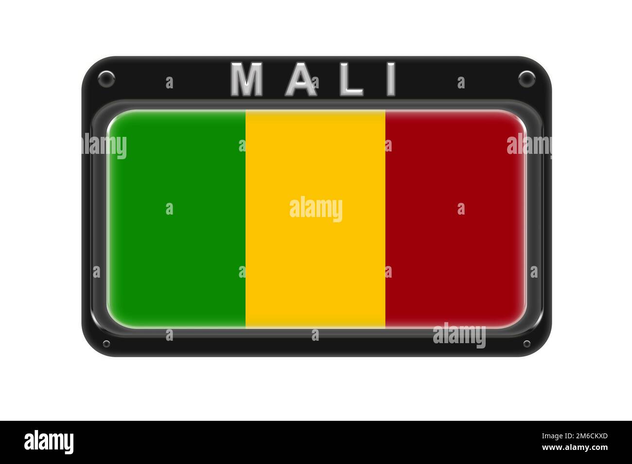 La bandiera del Mali nella cornice con rivetti su sfondo bianco Foto Stock