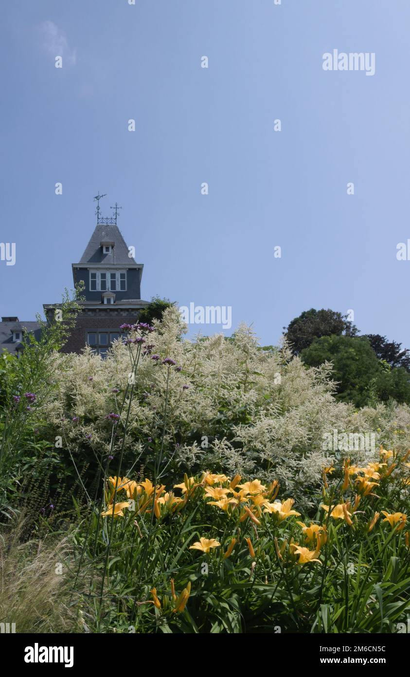 Hasselt, Limburgo, Belgio 21-07-2021. Fiori estivi sullo sfondo del vecchio castello. Orizzontale Foto Stock