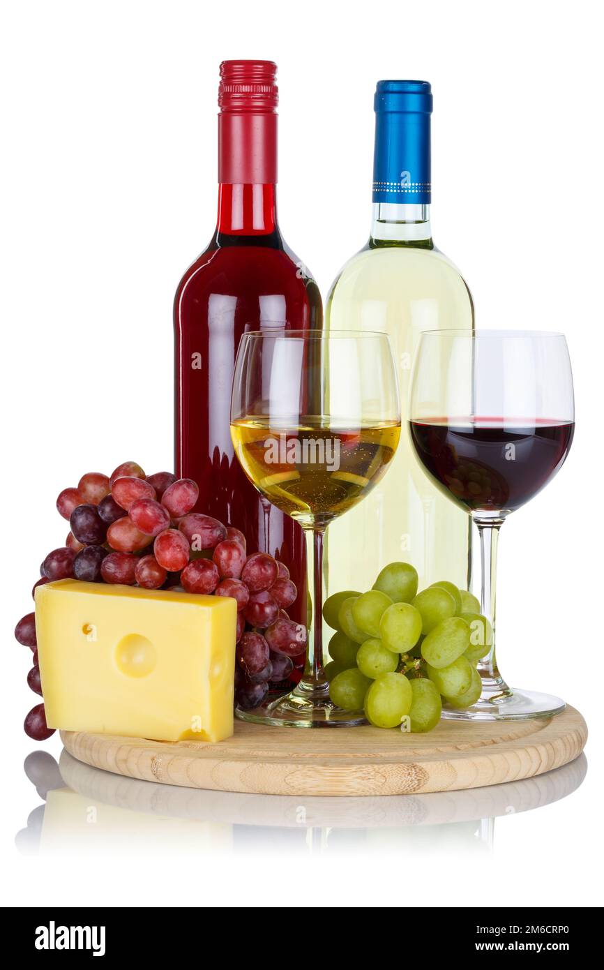 Vino Formaggi Vini Bianco vino Bianco vino Rosso uva Ritratto isolato piatto libero Foto Stock