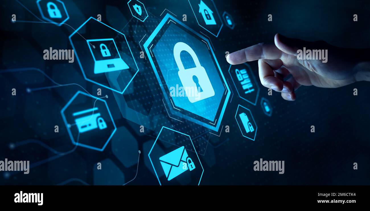 Accesso sicuro e protezione dei dati online. Privacy dei dati e sicurezza informatica su internet per e-mail, carta di credito. Crittografia dei dati con password. Dito su Foto Stock