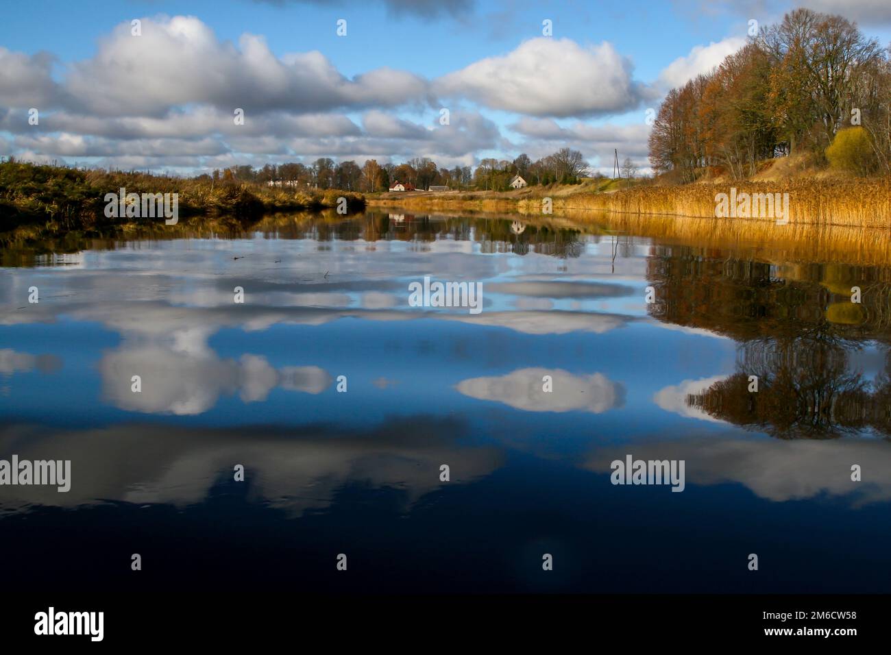 Paesaggio autunnale con alberi colorati, erba gialla e fiume. Riflessione nel fiume Foto Stock Paesaggio autunnale con alberi colorati, erba gialla e fiume. Riflessione nel fiume Foto Stock