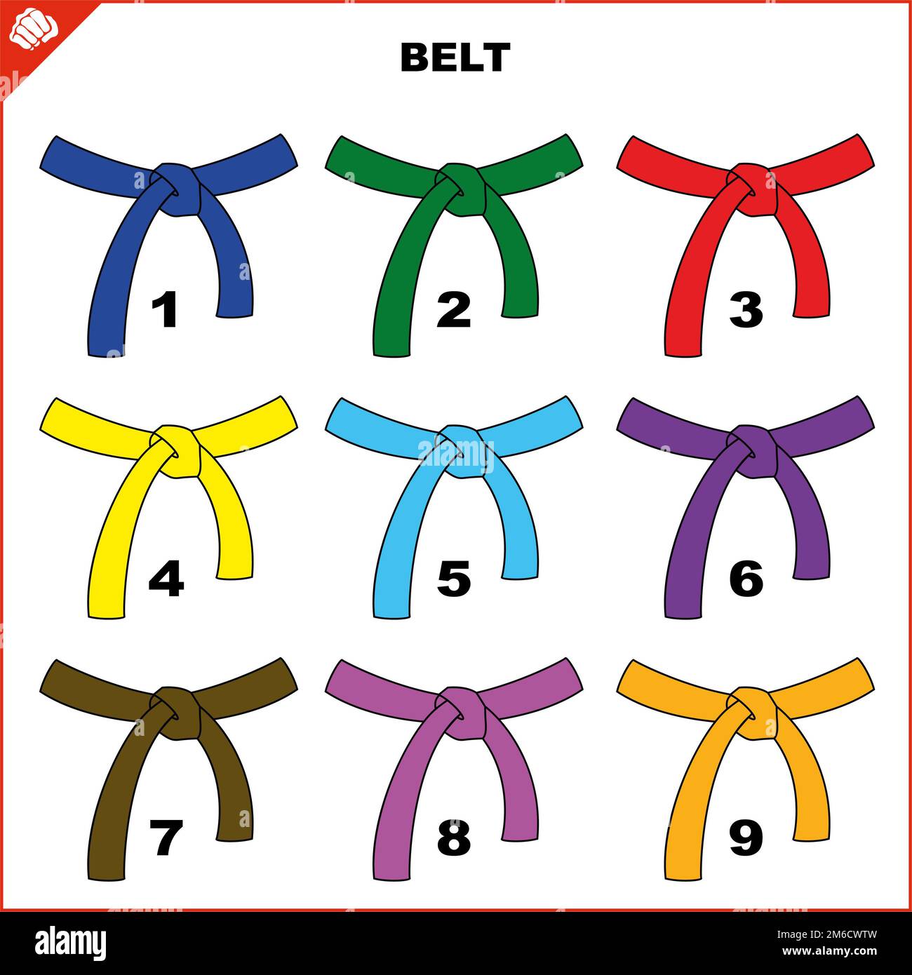 Nastri colorati per arti marziali kimono set, dogi karate,bjj, judo, taekwondo, hapkido, karate. Foto Stock