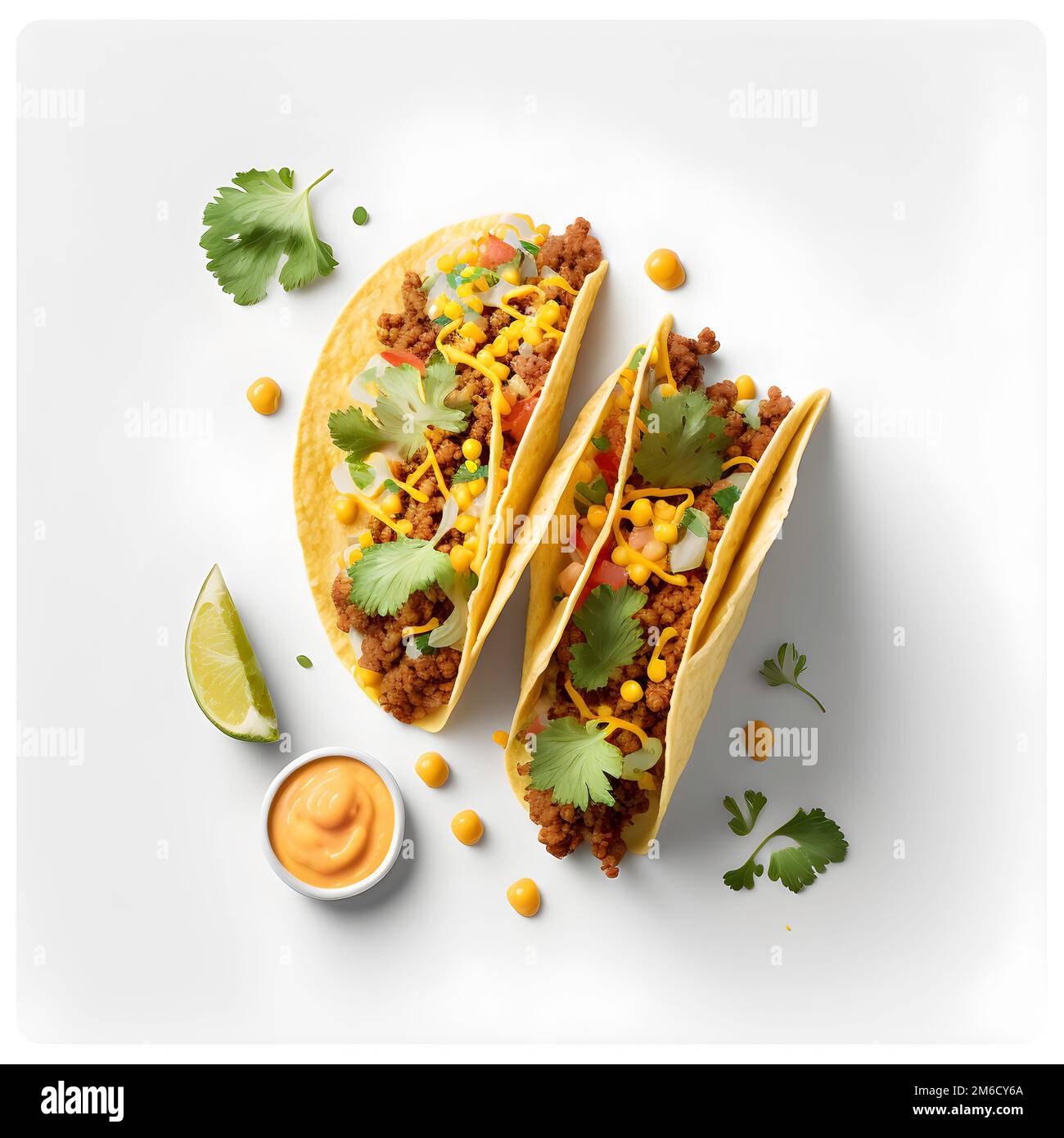 Taco gustosi con avocado, salsa e lime su sfondo bianco Foto Stock