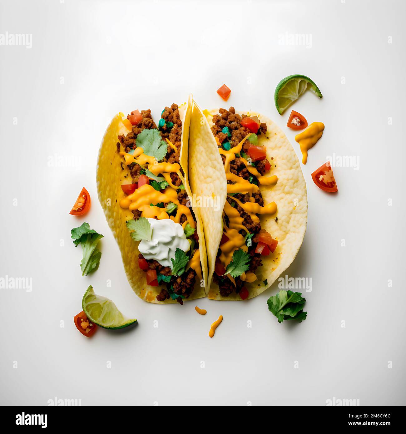 Taco gustosi con avocado, salsa e lime su sfondo bianco Foto Stock
