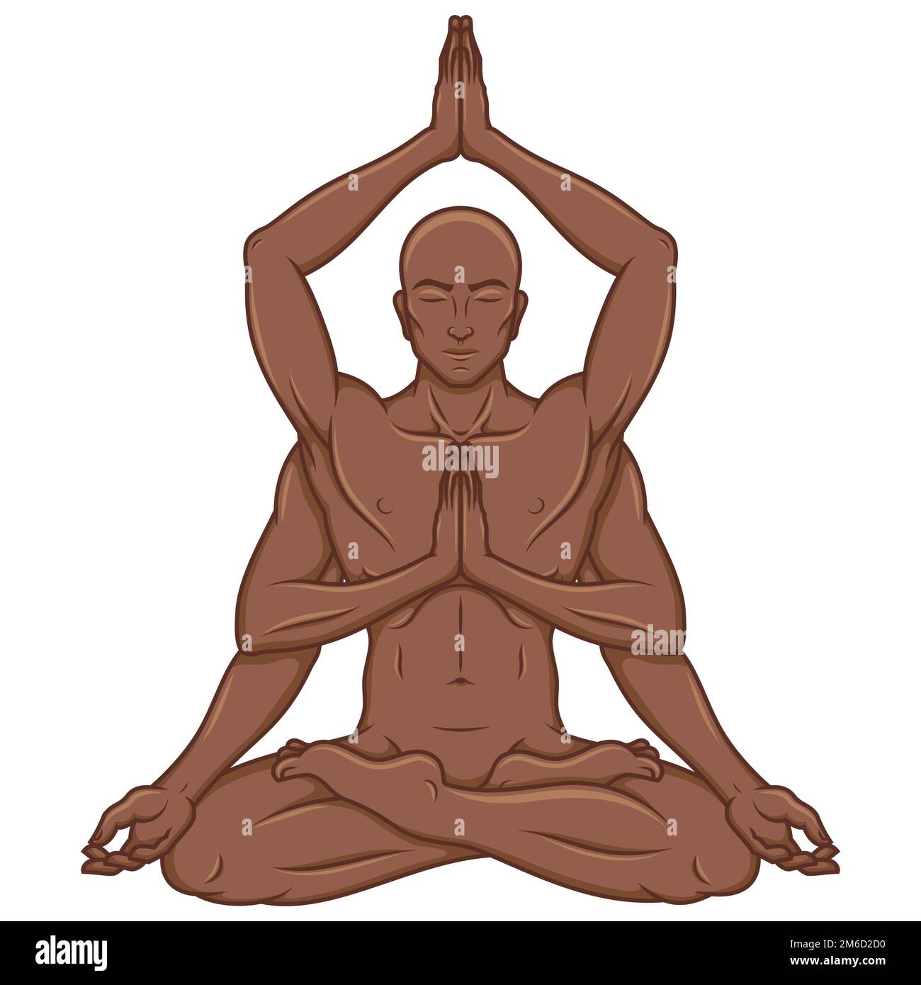Disegno vettoriale dell'uomo con sei braccia che fanno yoga in posizione fiore di loto Illustrazione Vettoriale