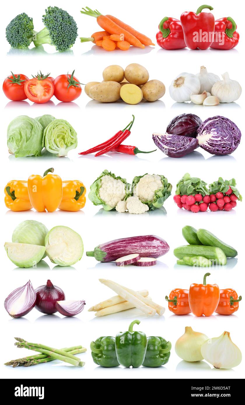 Verdure pomodori lattuga campana pepe esparagi raccolta carote isolato Foto Stock