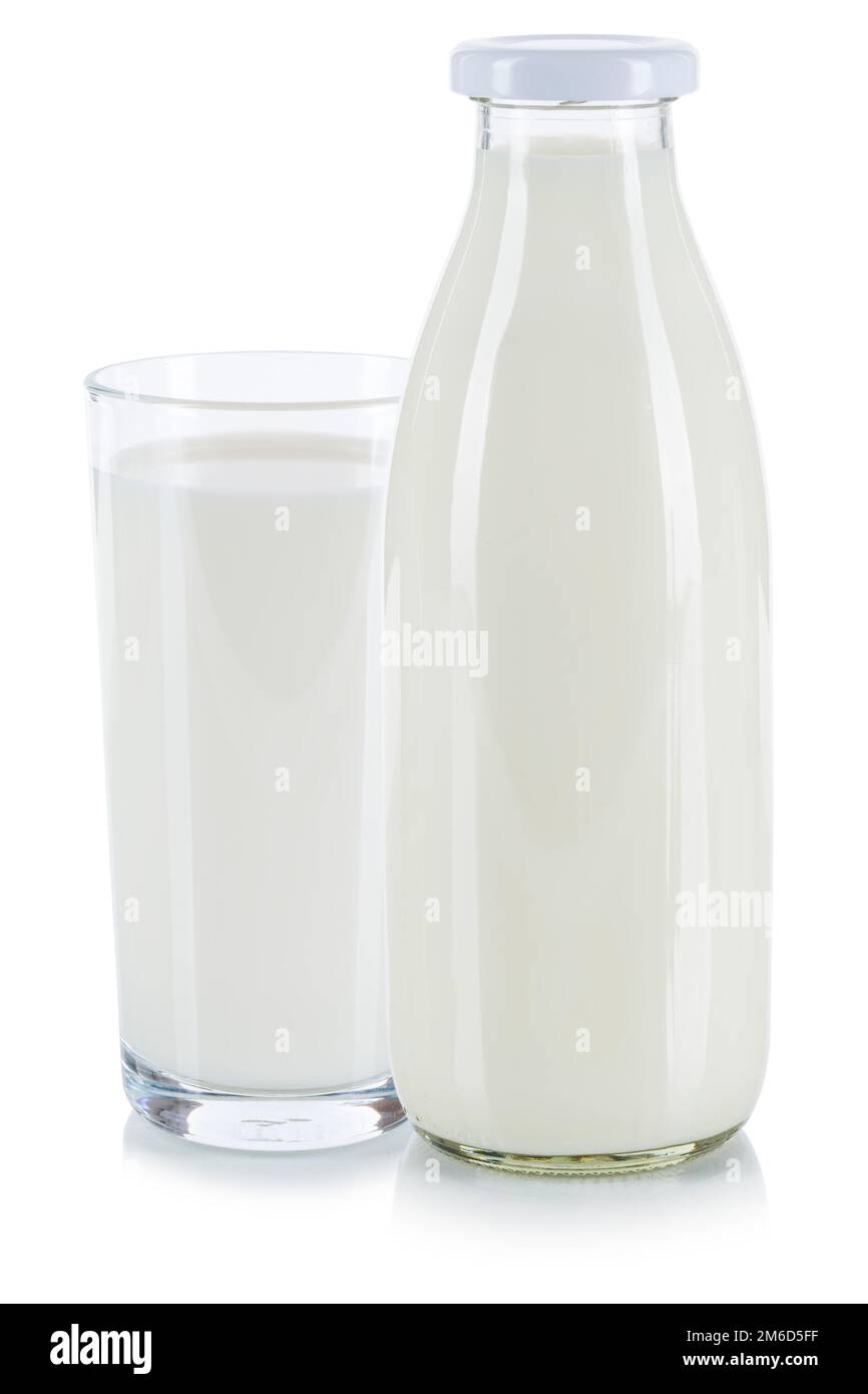 Vetro di latte fresco e bottiglia isolato Foto Stock