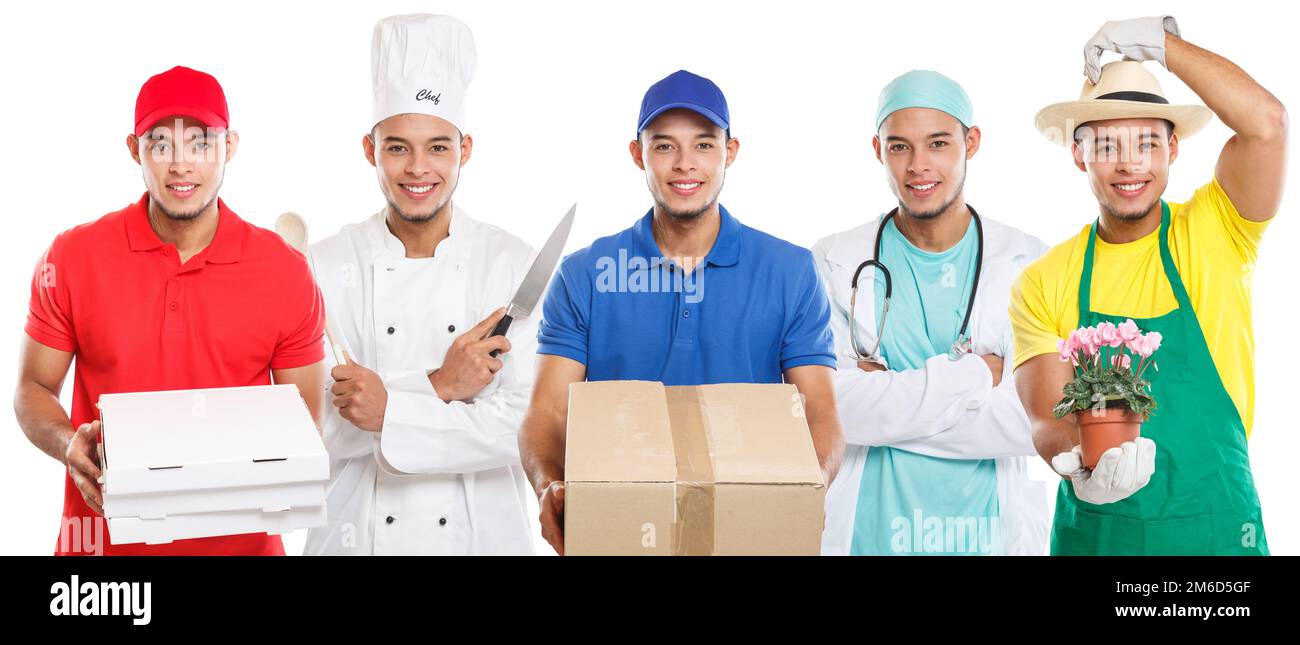 Professioni occupazione istruzione formazione professione medico cuoco gruppo di giovani uomo latino lavoro isolato su bianco Foto Stock
