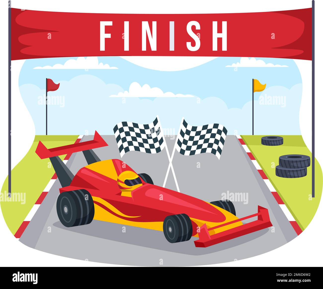 Formula Racing Sport Car Reach on Race Circuit il traguardo Cartoon Illustrazione per vincere il campionato in stile piatto modelli disegnati a mano Design Illustrazione Vettoriale