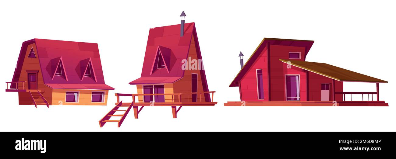 Case invernali, chalet in legno per villaggio di montagna o stazione sciistica alpina. Piccoli cottage con camino, portico e scale isolato su sfondo bianco, vettoriale illustrazione cartoon Illustrazione Vettoriale