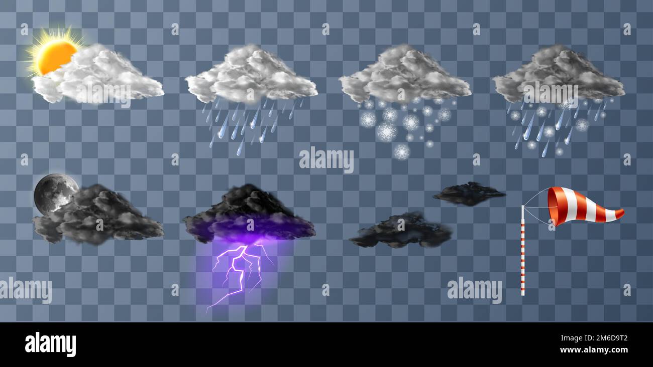 Icone meteo realistiche Imposta illustrazione vettoriale. Elementi realistici per previsioni meteo, sole, luna, nuvole con neve e pioggia, temporale con fulmini isolati su sfondo trasparente Illustrazione Vettoriale