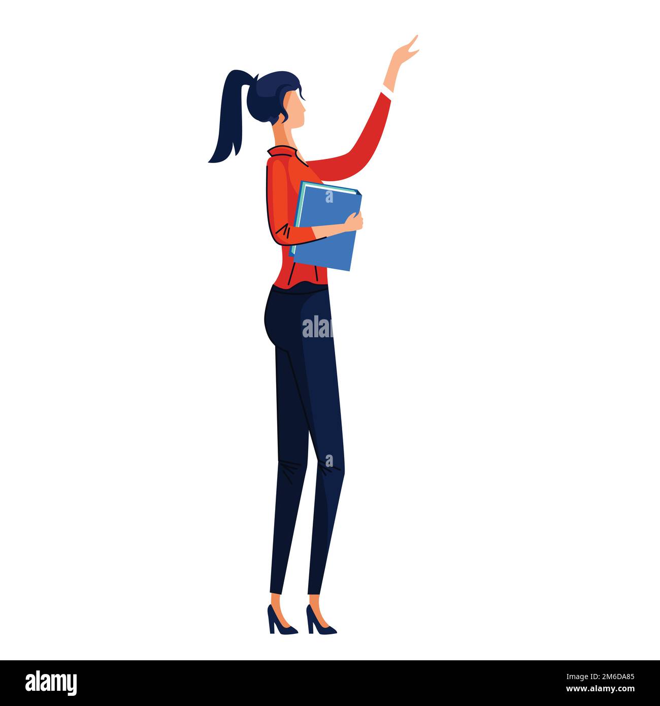 La donna tiene il libro e fa i punti del gesto a qualcosa con il dito indice, l'operaio dell'ufficio nell'abbigliamento formale con il libro in mano, il carattere alla riunione, la presentazione, l'altoparlante senza volto si alza per mezzo giro Illustrazione Vettoriale