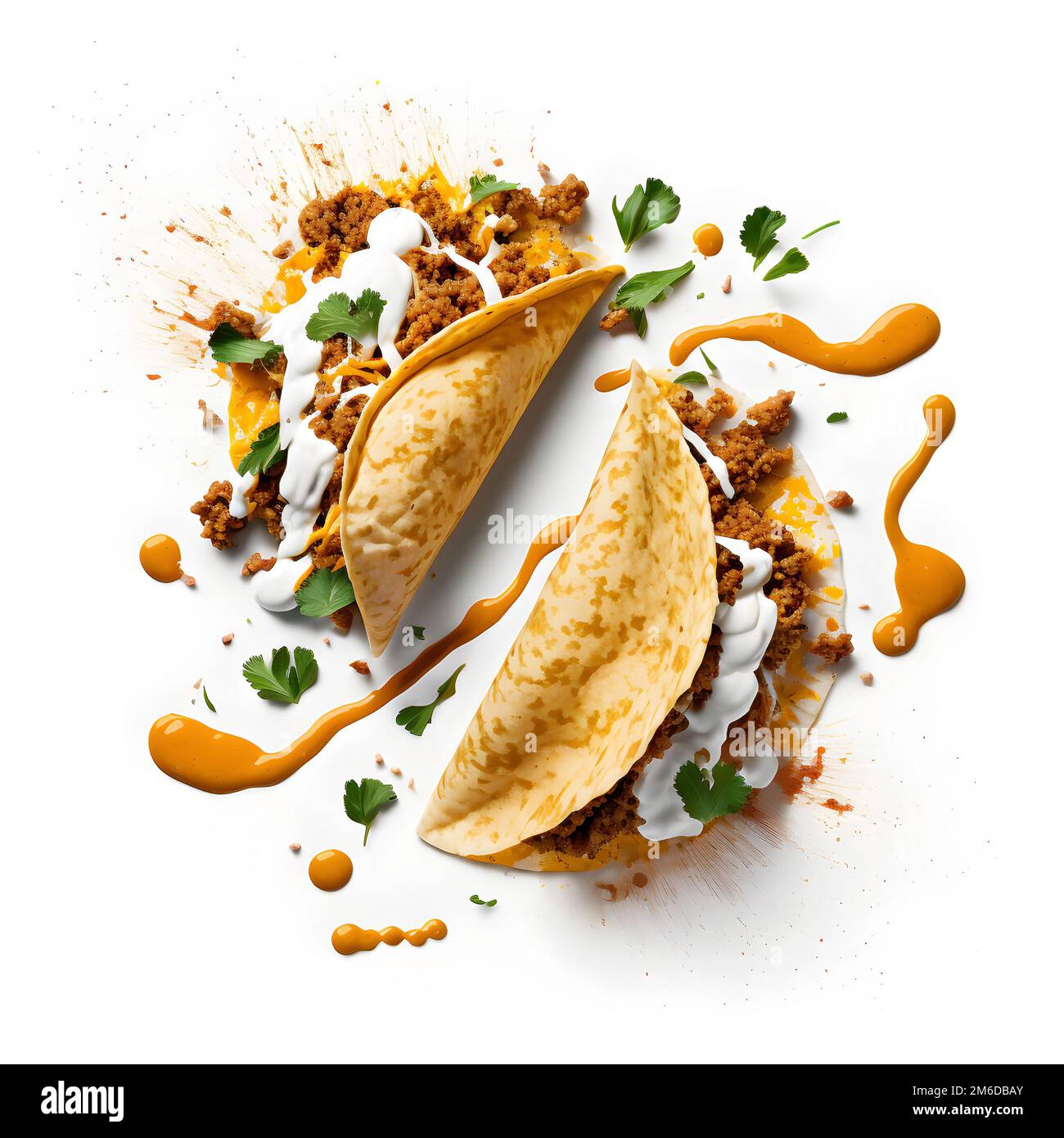 Tacos gustosi con avocado, salsa e lime su sfondo bianco, cibo di strada in america latina Foto Stock