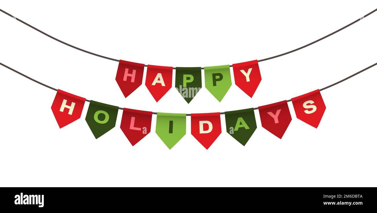 Bandiere rosse e verdi con l'iscrizione BUONE FESTE. Foto Stock