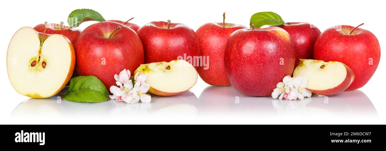 Frutta di mele mele rosse frutta fresca isolata su bianco in una fila Foto Stock