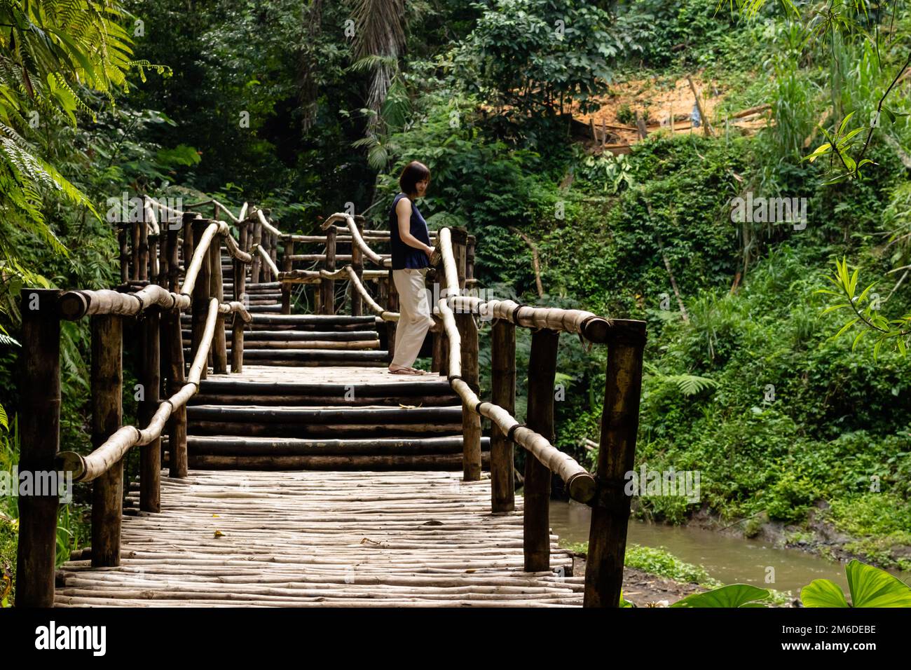 Giovani moda donna su un ponte di bambù Foto Stock
