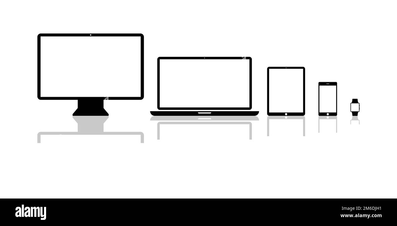 Impostare le icone dei dispositivi prodotti con tecnologia isolata. Icone del telefono tablet desktop. Simulazione di applicazioni Web o Web di progettazione reattive Foto Stock