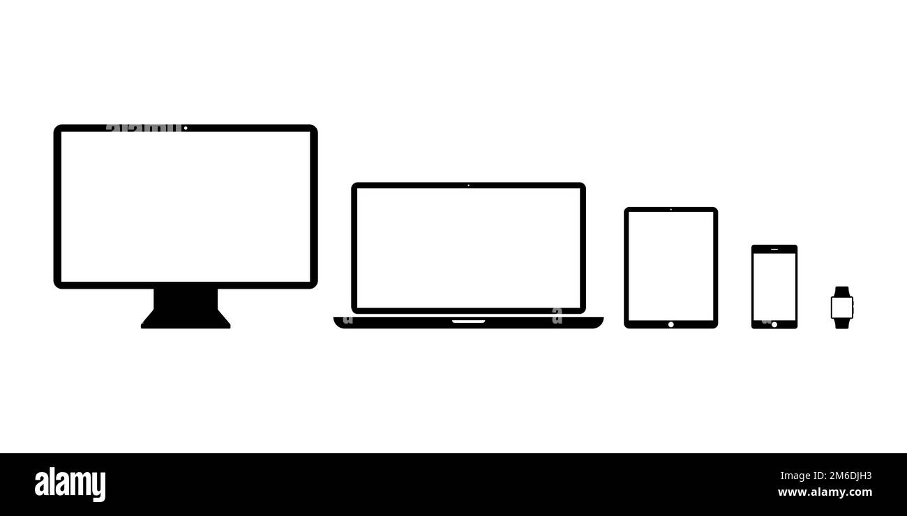 Impostare le icone dei dispositivi prodotti con tecnologia isolata. Icone del telefono tablet desktop. Simulazione di applicazioni Web o Web di progettazione reattive Foto Stock