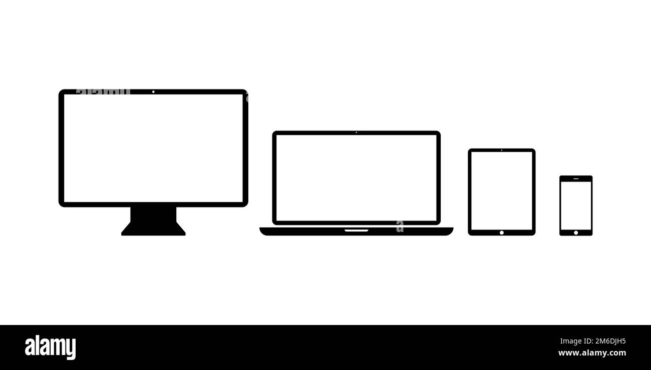 Impostare le icone dei dispositivi prodotti con tecnologia isolata. Icone del telefono tablet desktop. Simulazione di applicazioni Web o Web di progettazione reattive Foto Stock