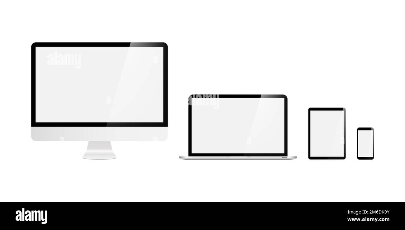Set di dispositivi su sfondo bianco. Computer portatile tablet e smartphone con schermo vuoto. Beffa. Foto Stock