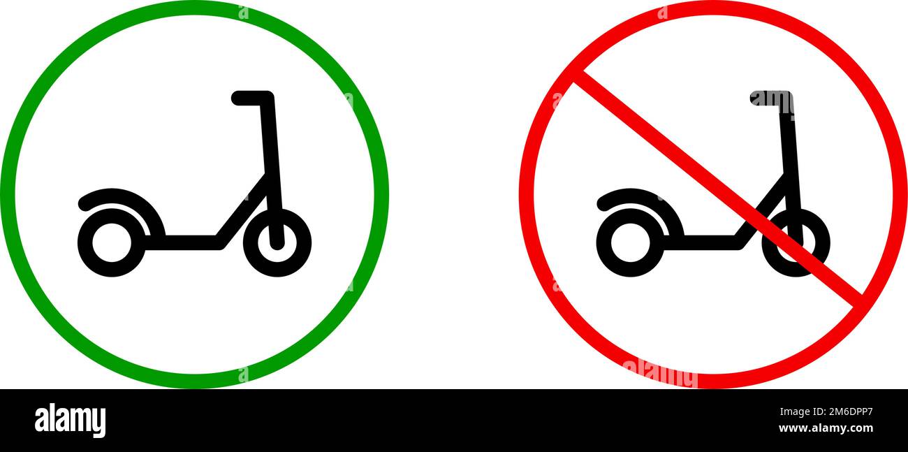 Uso consentito e proibito del set di icone dei segnali degli scooter elettrici. Vettore modificabile. Illustrazione Vettoriale