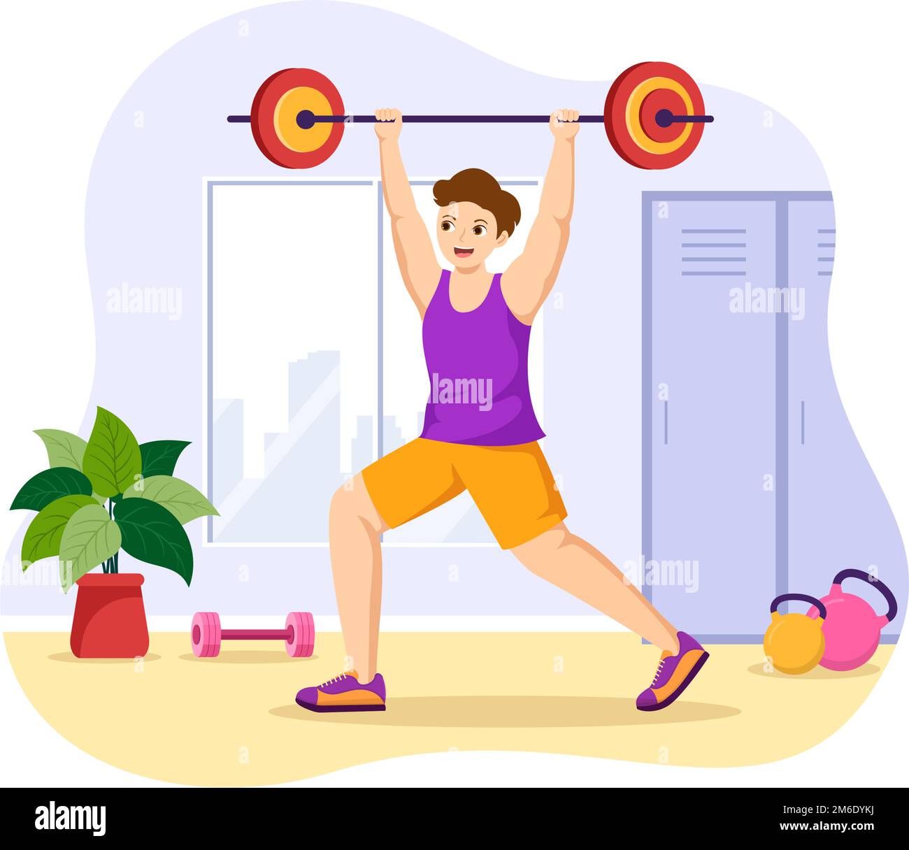 Weightlifting Sport Illustration with Athlete solleva un Barbell pesante, attrezzature per palestra e allestitori in modelli disegnati a mano su cartoni piatti Illustrazione Vettoriale