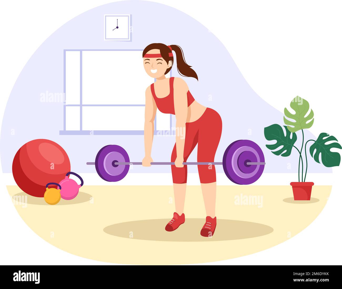 Weightlifting Sport Illustration with Athlete solleva un Barbell pesante, attrezzature per palestra e allestitori in modelli disegnati a mano su cartoni piatti Illustrazione Vettoriale