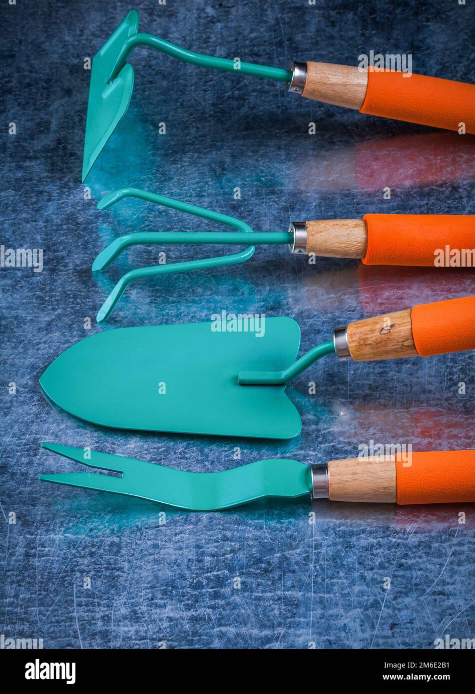 Attrezzi da giardinaggio a mano con manici in legno su sfondo metallico graffiato. Foto Stock