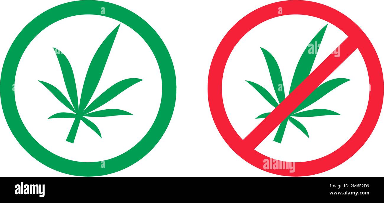 Uso di cannabis consentito e uso di cannabis proibito insieme di icone. Cannabis legale e cannabis illegale. Marijuana. Vettore modificabile. Illustrazione Vettoriale