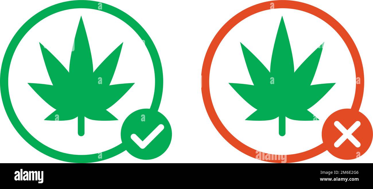 Uso di marijuana consentito e uso di marijuana vietato insieme di icone. Marijuana e segno di spunta, marijuana e croce. Cannabis legale e illegale. Vettori. Illustrazione Vettoriale