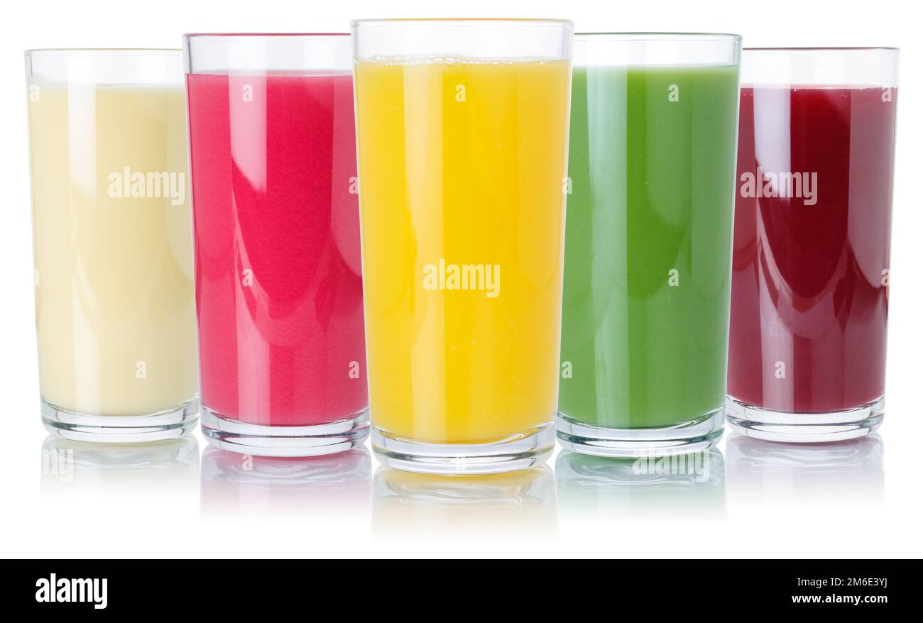 Succhi di frutta frullati frutta arancia bevande raccolta vetro isolato su bianco Foto Stock